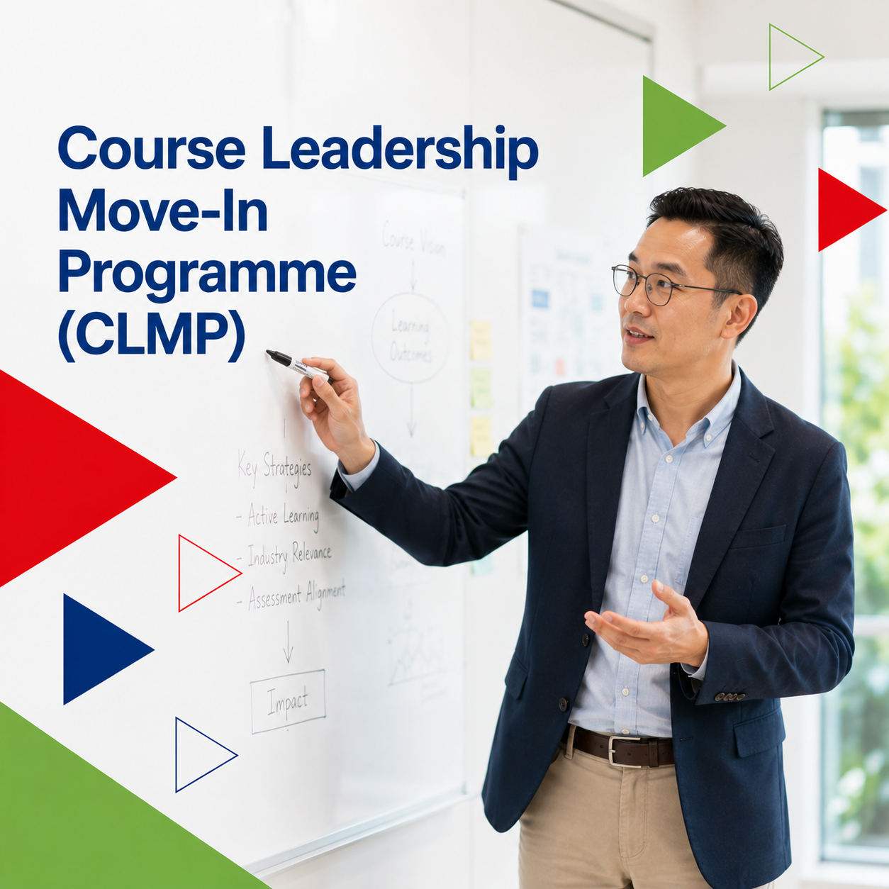Shows a course manager/leader in a bright, contemporary campus learning space engaged in leading their course lecturers infront of a whiteboard